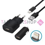   USB hálózati és autós töltő szett 2A - Lightning - fekete