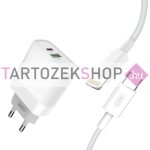   XO L64 PD Quick Charger fali töltő USB és USB-C csatlakozókkal, USB-C - Lighting kábellel, 18W - fehér