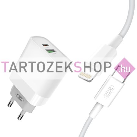 XO L64 PD Quick Charger fali töltő USB és USB-C csatlakozókkal, USB-C - Lighting kábellel, 18W - fehér